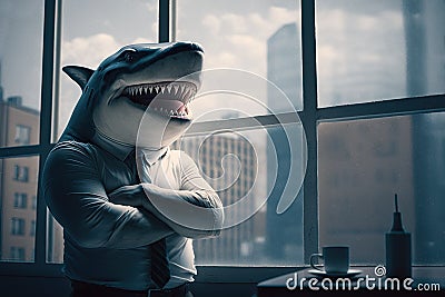 Portrait of smiling, laughing corporate shark, successful entrepreneur, a shark when it comes to business. AI generative Cartoon Illustration