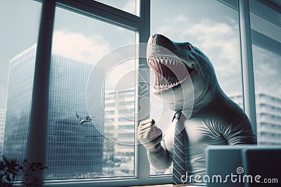 Portrait of smiling, laughing corporate shark, successful entrepreneur, a shark when it comes to business. AI generative Cartoon Illustration
