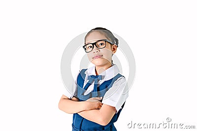 Portrait of smiling, little girl in school uniform Isolated on white background Stock Photo