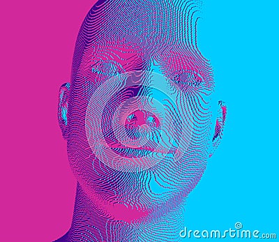 Portrait of smiling man. Abstract digital human head constructing from cubes. Technology and robotics concept. Voxel art. 3D Cartoon Illustration