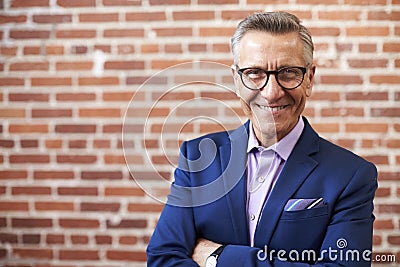 Portrait Of Smiling Mature Businessman Standing Against Brick Wall In Modern Office Stock Photo