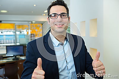 Portrait smiling photo editor wearing glasses Stock Photo