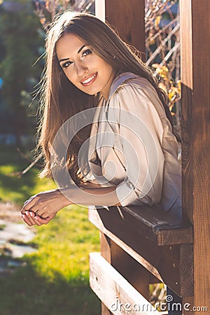 Portrait of smiling pretty woman, autumn time Stock Photo