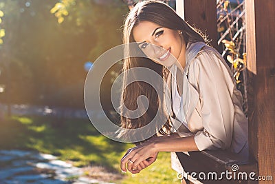Portrait of smiling pretty woman, autumn time Stock Photo