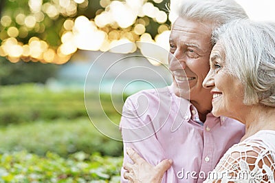 Portrait of smiling senior couple embracing in autumn park Stock Photo
