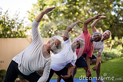 Portrait of smiling senior friends exercising with arms raised Stock Photo