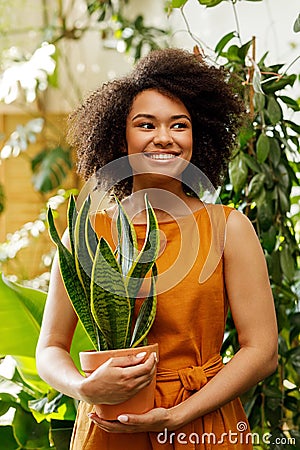 Portrait of a smiling woman holding a pot Stock Photo