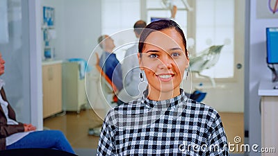 Portrait of smiling woman patient looking on webcam Stock Photo