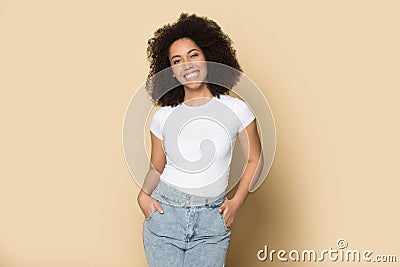 Portrait of smiling African American woman pose in studio Stock Photo