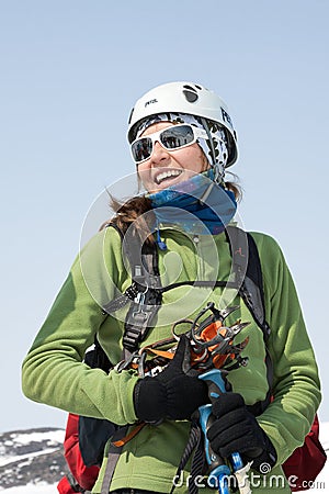 Portrait of smiling young woman equipped ski mountaineer Editorial Stock Photo