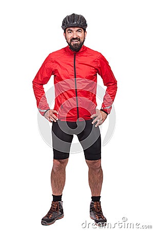 Portrait of smilling bicyclist with helmet and red jacket, isolated on white. Stock Photo