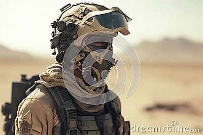 Portrait of a soldier action at the desert. Generative Ai Stock Photo