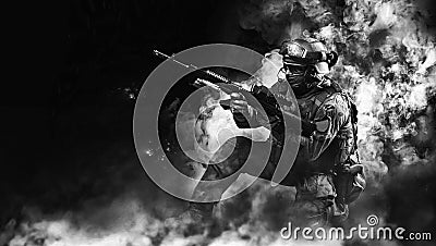 Portrait of a special forces soldier who reloads an assault rifle. The concept of military units. Computer games Stock Photo