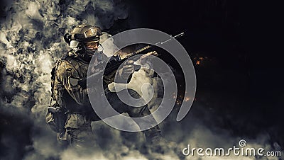 Portrait of a special forces soldier who reloads an assault rifle. The concept of military units. Computer games Stock Photo