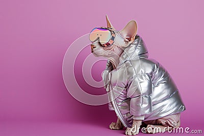 Sphynx Cat in Vogue: Silver Jacket and Colorful Goggles Stock Photo