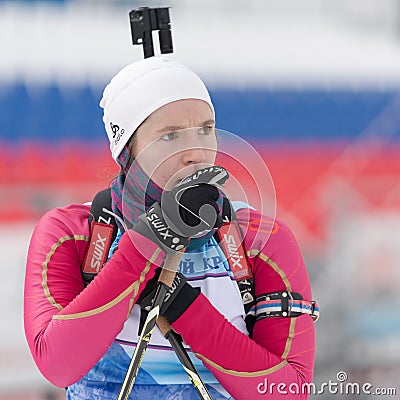 Portrait sportswoman biathlete Andreeva Victoriya Kamchatka Territory after skiing and rifle shooting. Junior biathlon Editorial Stock Photo