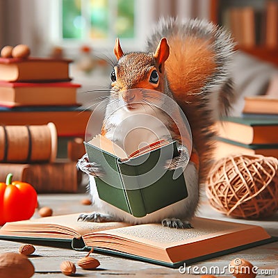 Portrait squirrel reading book. Generative AI Stock Photo