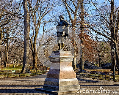 Portrait statue of William Shakespeare on a pedestal in Central Park, New York. Stock Photo