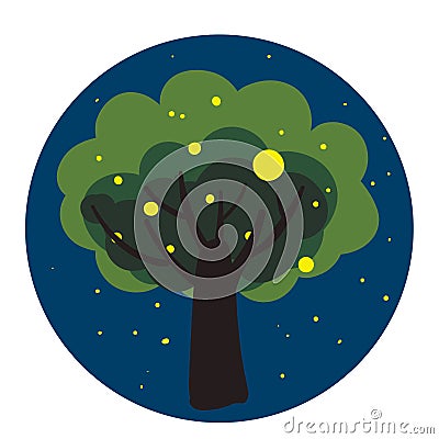 Portrait of the sticker tree at night over blue background, vector or color illustration Vector Illustration