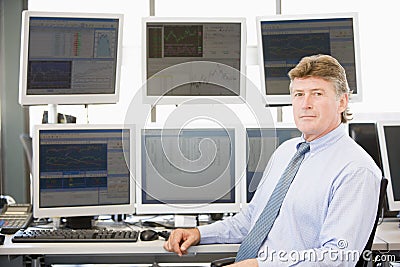 Portrait Of Stock Trader In Front Of Computer Stock Photo