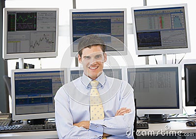 Portrait Of Stock Trader In Front Of Computer Stock Photo