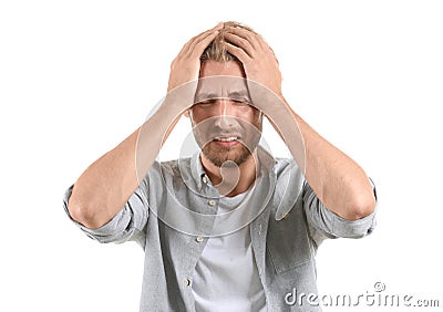 Portrait of stressed man on white background Stock Photo