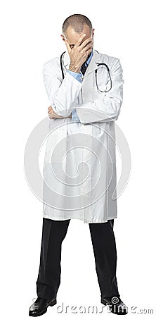 Portrait of stressed standing caucasian doctor with white coat Stock Photo