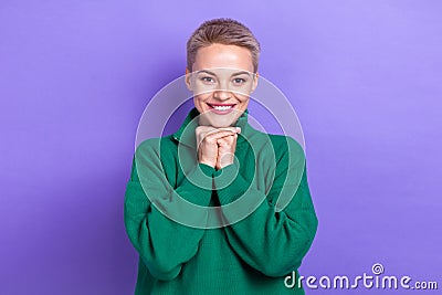 Portrait of stunning satisfied lady beaming smile arms under chin isolated on purple color background Stock Photo