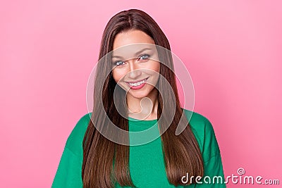 Portrait of stunning satisfied lady beaming smile nice long hairdo isolated on pink color background Stock Photo
