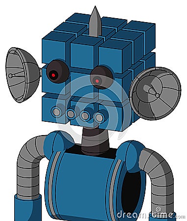 Blue Automaton With Cube Head And Pipes Mouth And Red Eyed And Spike Tip Stock Photo