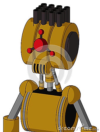 Dark-Yellow Automaton With Multi-Toroid Head And Speakers Mouth And Cyclops Compound Eyes And Pipe Hair Stock Photo