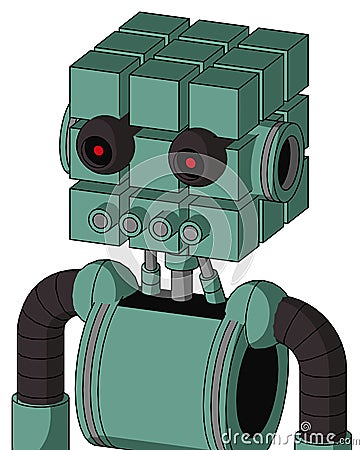 Green Mech With Cube Head And Pipes Mouth And Black Glowing Red Eyes Stock Photo