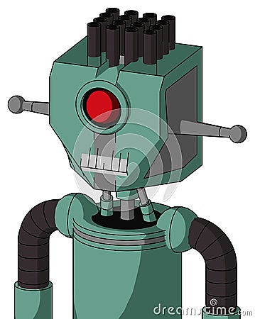 Green Mech With Mechanical Head And Teeth Mouth And Cyclops Eye And Pipe Hair Stock Photo