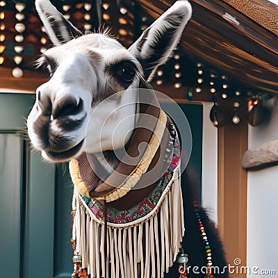 A portrait of a stylish llama wearing a bohemian poncho and beads3 Stock Photo
