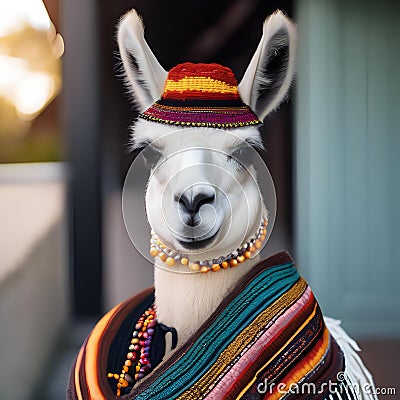 A portrait of a stylish llama wearing a bohemian poncho and beads1 Stock Photo