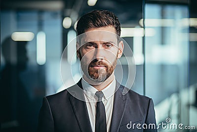 Portrait of a successful boss, photo of a close businessman, successful and pensive looking at the camera, a man with a beard in a Stock Photo