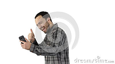 Portrait of successful handsome young man video chating on white Stock Photo