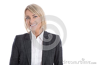 Portrait: Successful isolated older or mature blond businesswoman in blazer and white blouse. Stock Photo