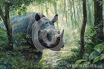 Portrait of Sumatran Rhino in the wild Generative AI Cartoon Illustration