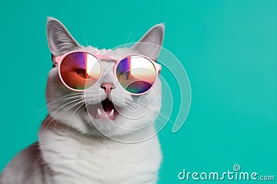 portrait sunglasses cat fashion colourful animal pet funny cute neon. Generative AI. Stock Photo