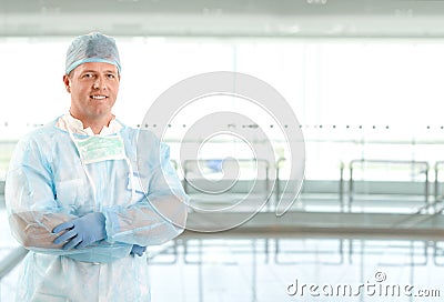 Portrait of surgeon doctor on hospital corridor Stock Photo