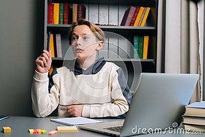 Portrait of surprised pupil boy having idea and raising hand during learning online using laptop at desk, looking away. Stock Photo