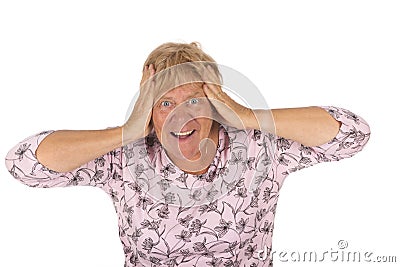 Portrait surprised senior woman on white background Stock Photo