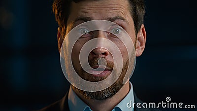 Portrait surprised shocked Caucasian adult bearded businessman middle-aged 35s man happy employee manager worker stand Stock Photo