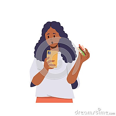 Portrait of surprised shocked little school girl kid looking at mobile phone screen eating sandwich Vector Illustration