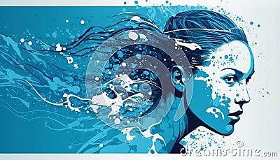 Portrait of a swimmer on a blue background with free space. Illustration of a young woman taking part in a sport. Stock Photo
