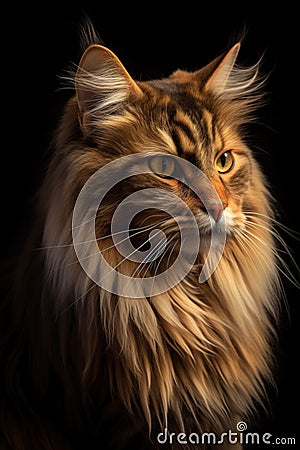 Portrait of a tabby charming Maine Coon cat, close-up. Beautiful long-haired cat. Generative AI Stock Photo