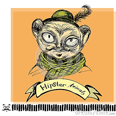 Portrait of tarsier monkey Hipster on background Vector Illustration