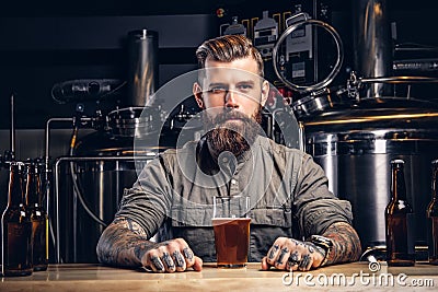 Portrait of a tattooed hipster male with stylish beard and hair in shirt sitting at the bar counter with glass of beer Stock Photo