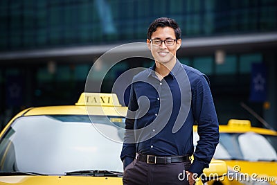 Portrait taxi driver smile car driving happy Stock Photo